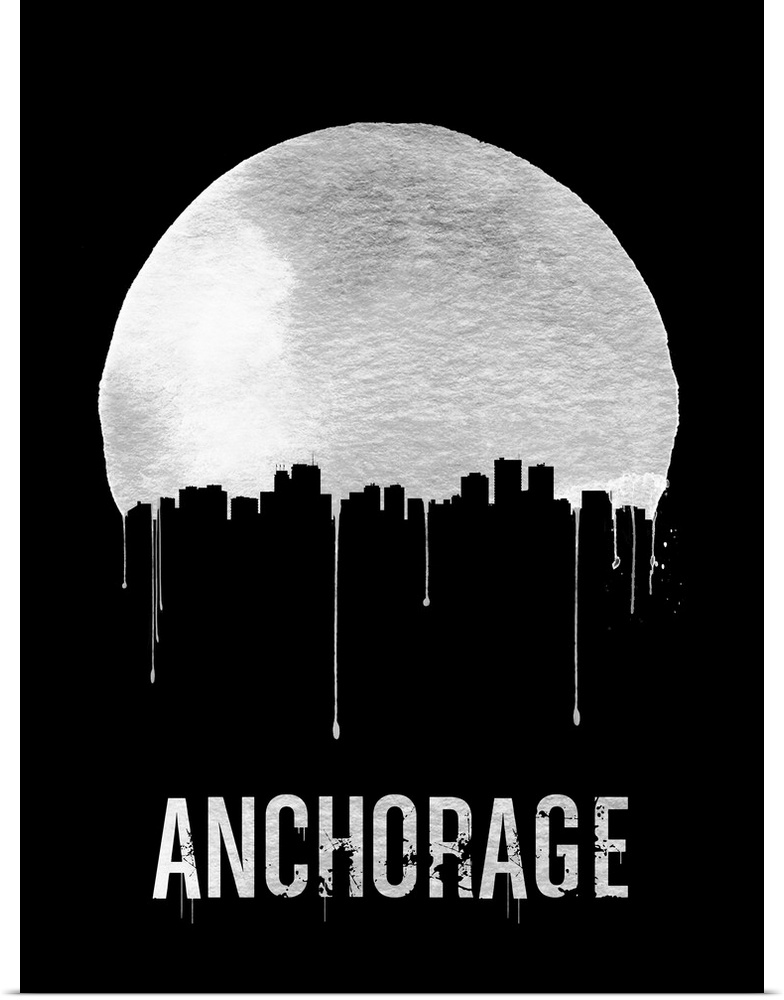 Contemporary watercolor artwork of the Anchorage city skyline, in silhouette.