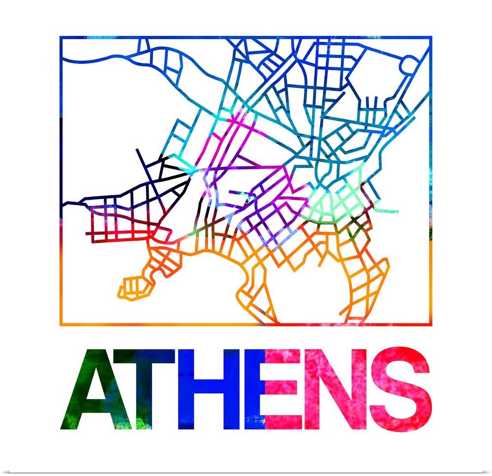Colorful map of the streets of Athens, Greece.