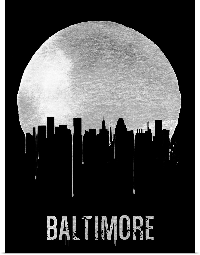 Contemporary watercolor artwork of the Baltimore city skyline, in silhouette.