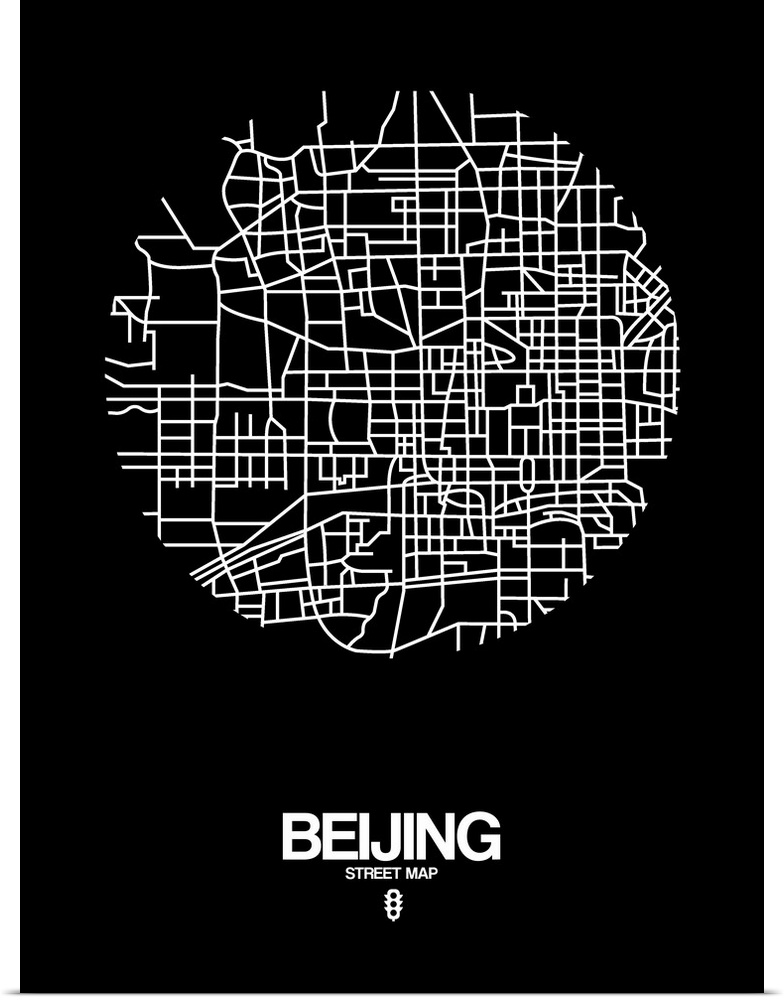 Minimalist art map of the city streets of Beijing black and white.