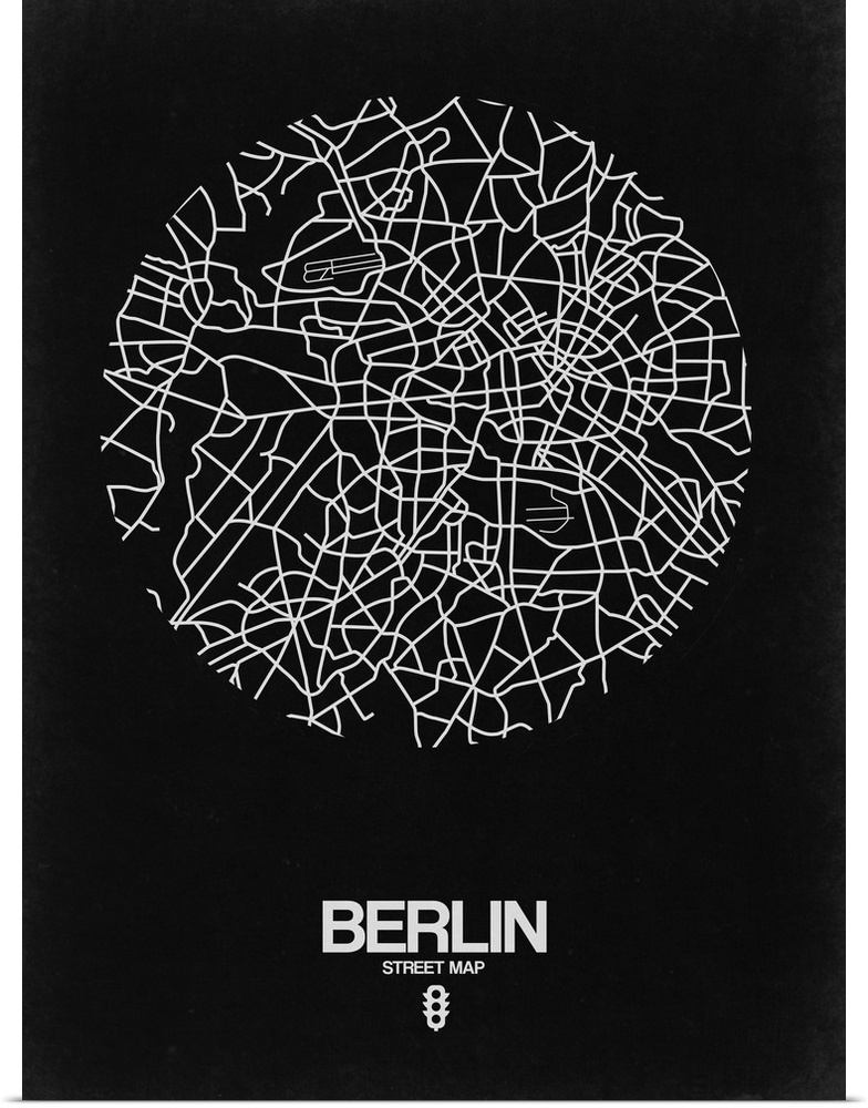 Minimalist art map of the city streets of Berlin in black and white.
