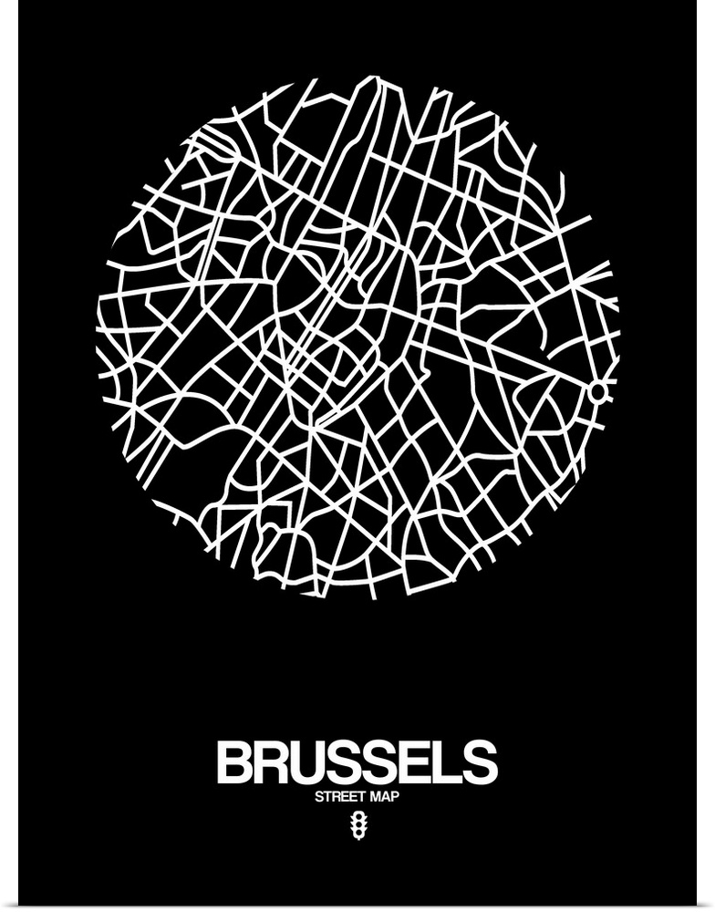 Minimalist art map of the city streets of Brussels in black and white.