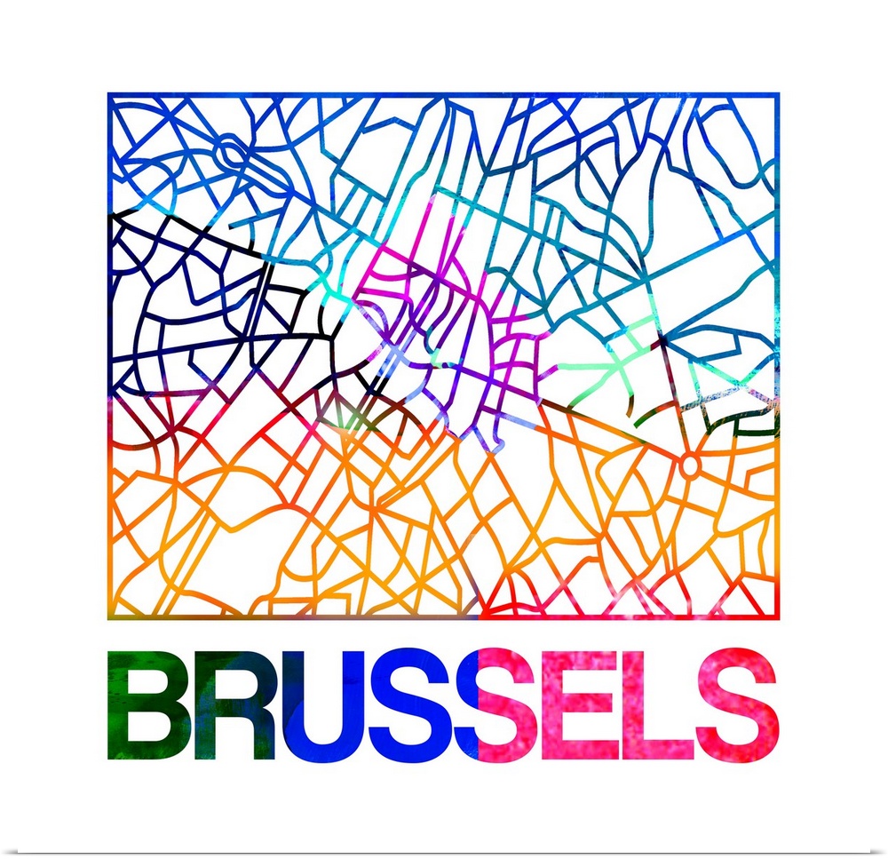 Colorful map of the streets of Brussels, Belgium.
