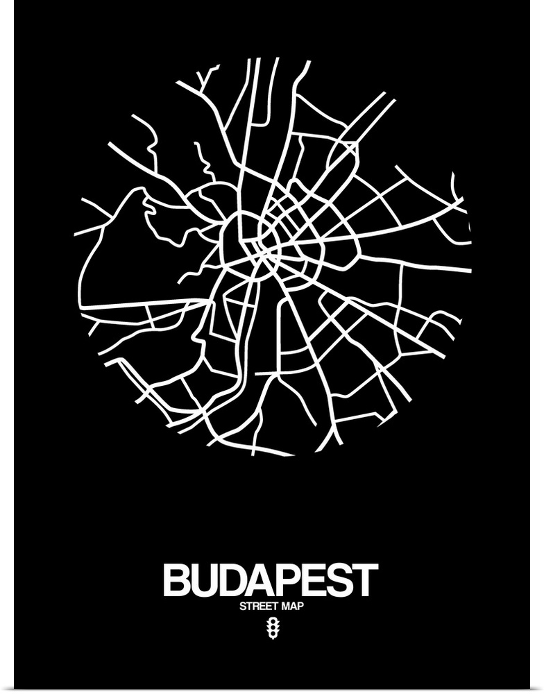 Minimalist art map of the city streets of Budapest in black and white.
