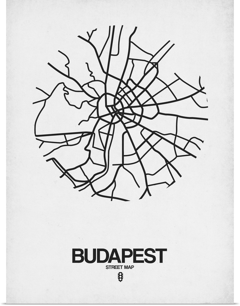 Minimalist art map of the city streets of Budapest in white and black.
