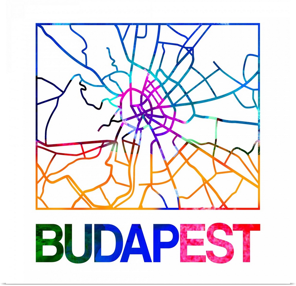 Colorful map of the streets of Budapest, Hungary.