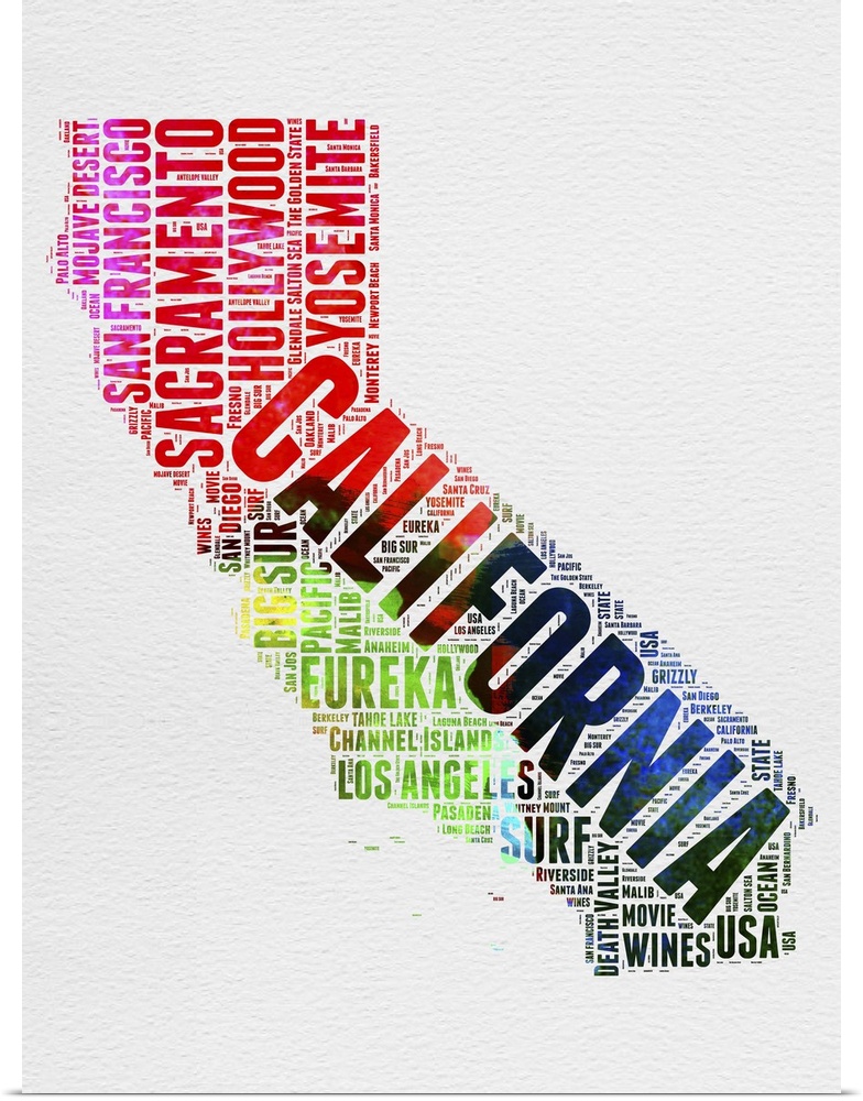 Watercolor typography art map of the US state California.
