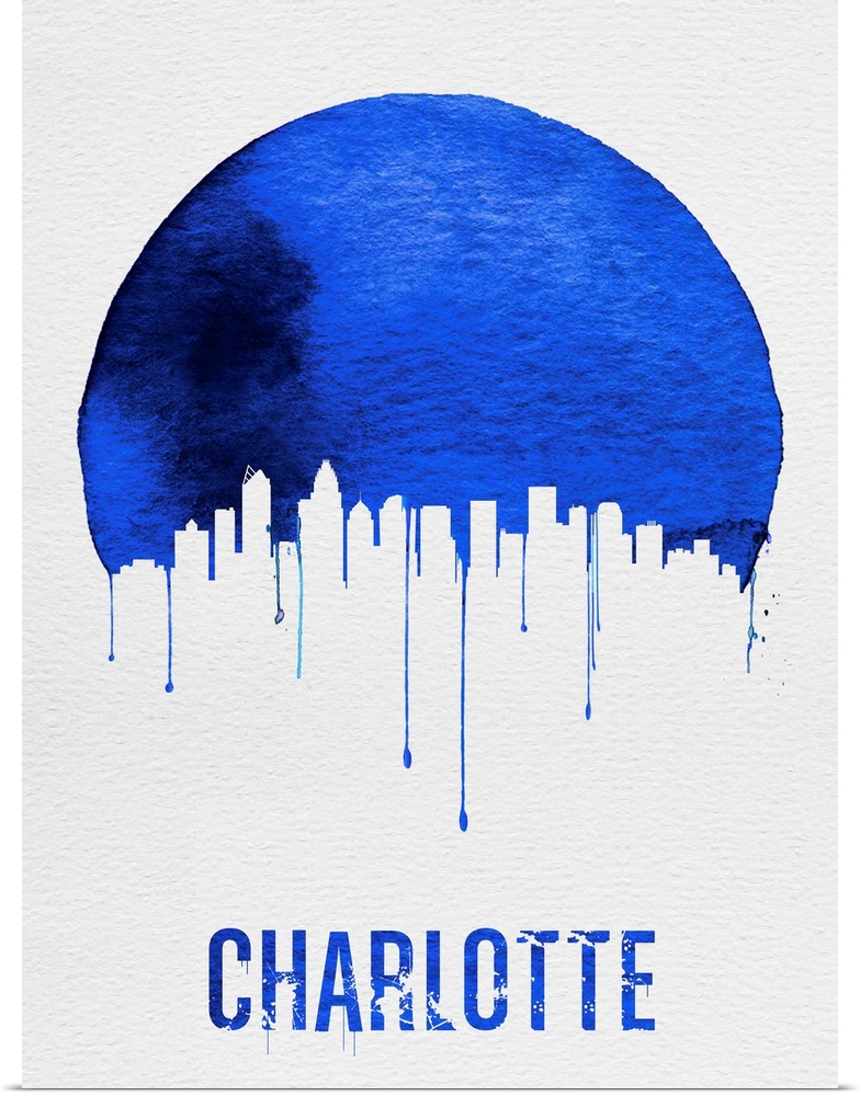 Contemporary watercolor artwork of the Charlotte city skyline, in silhouette.