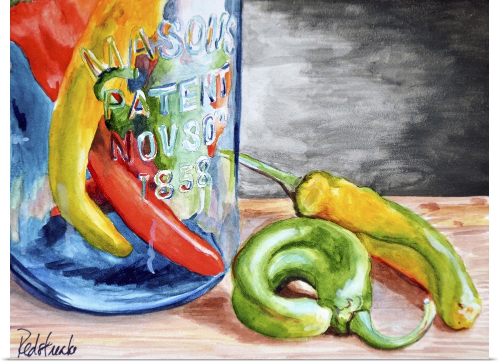Contemporary painting of a glass jar containing chili peppers.