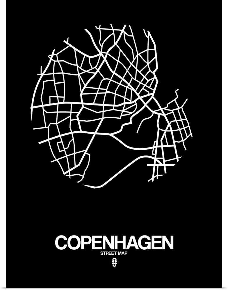 Minimalist art map of the city streets of Copenhagen in black and white.