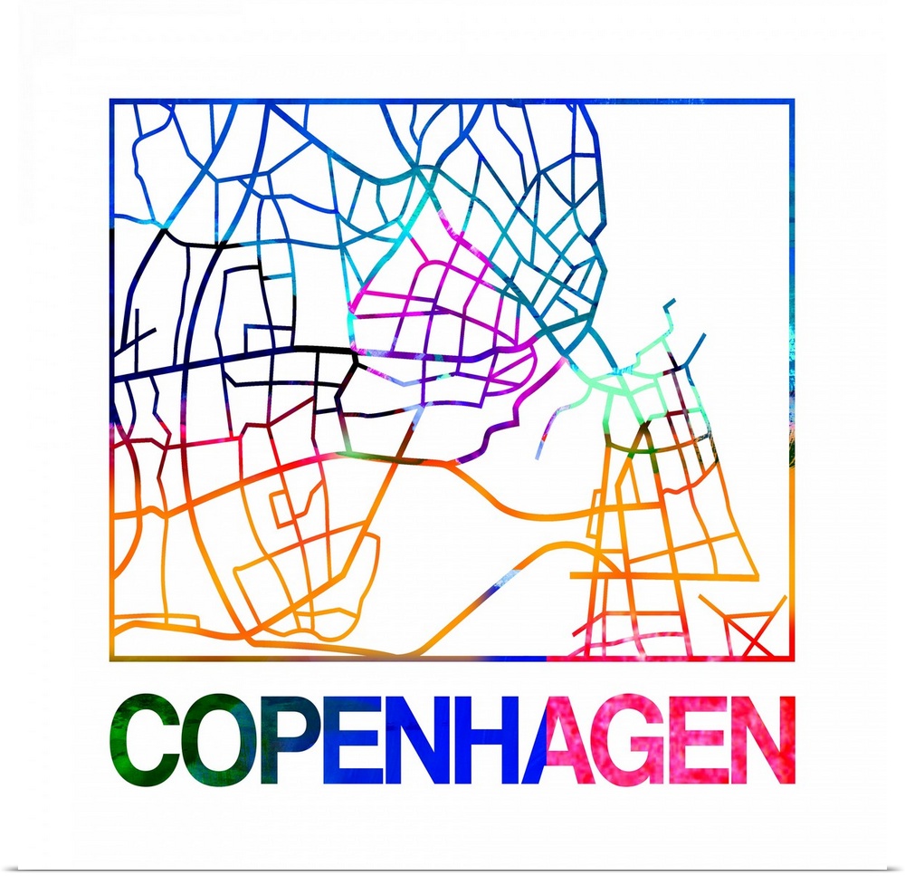 Colorful map of the streets of Copenhagen, Denmark.