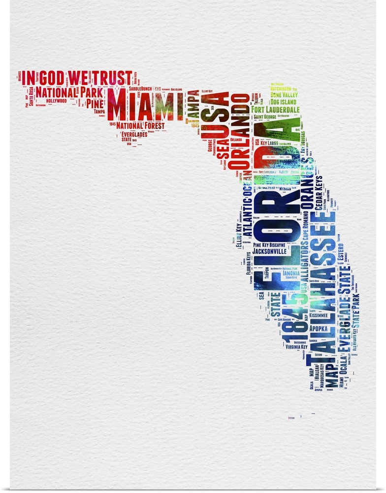 Watercolor typography art map of the US state Florida.