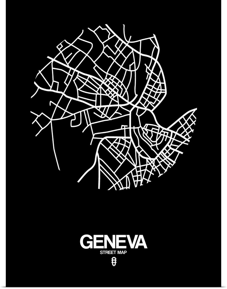 Minimalist art map of the city streets of Geneva in black and white.