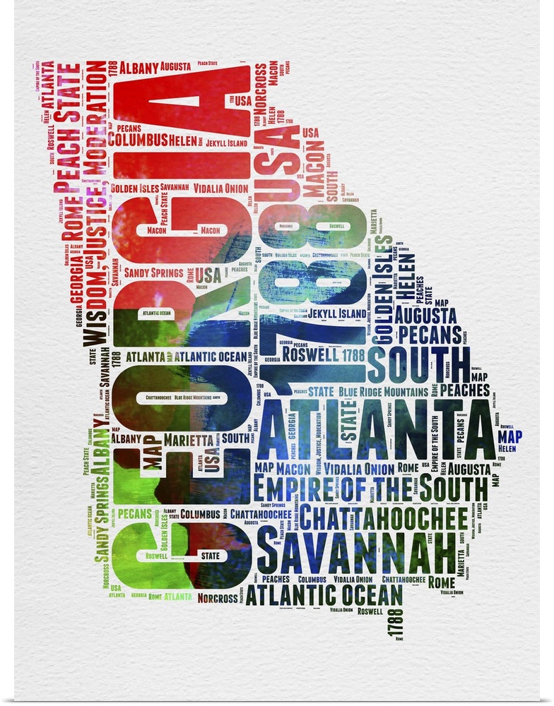 Watercolor typography art map of the US state Georgia.