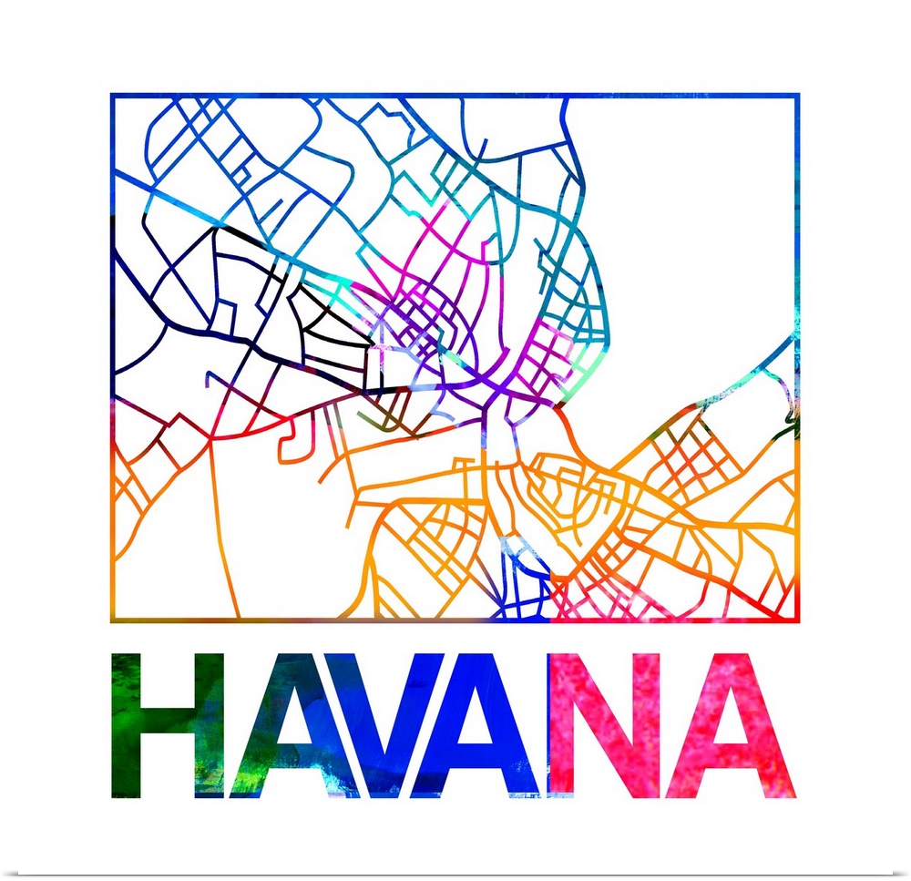 Colorful map of the streets of Havana, Cuba.