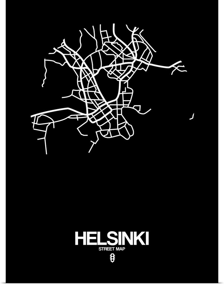 Minimalist art map of the city streets of Helsinki in black and white.