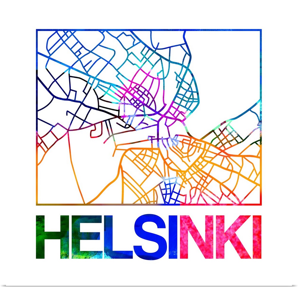 Colorful map of the streets of Helsinki, Finland.