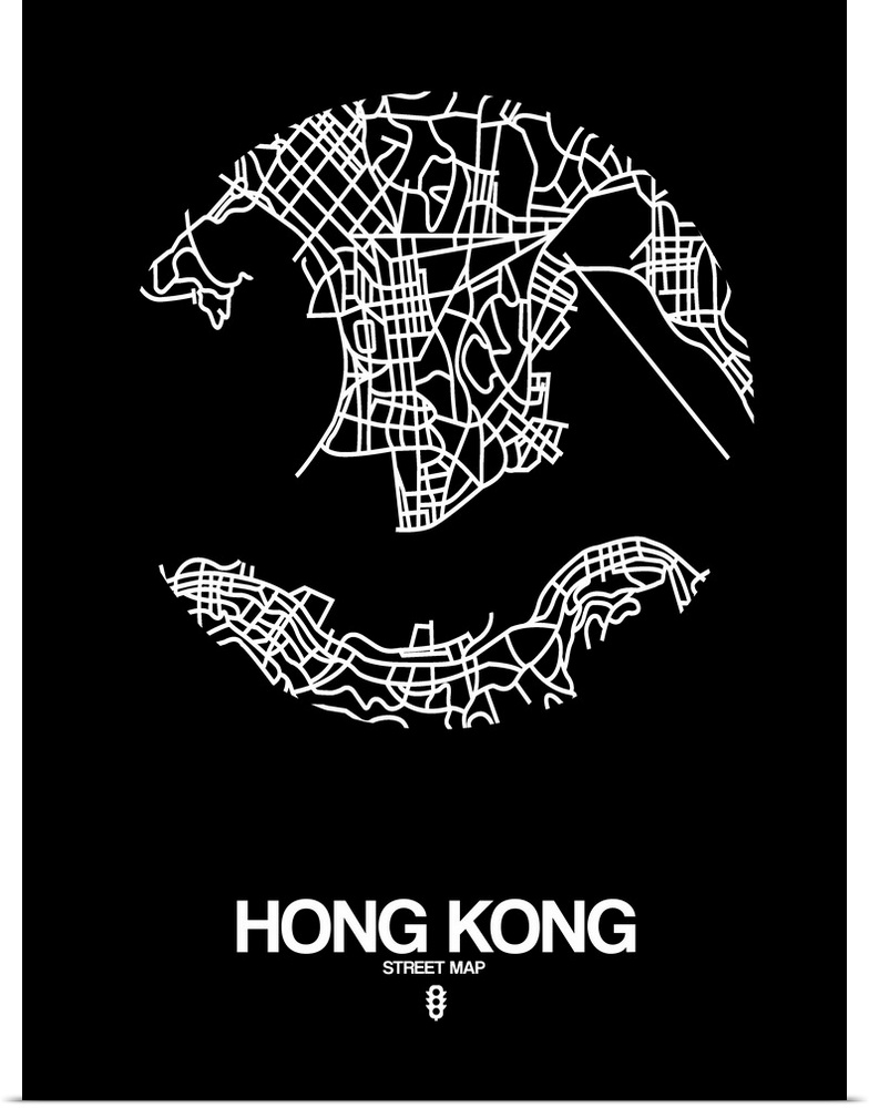 Minimalist art map of the city streets of Hong Kong in black and white.