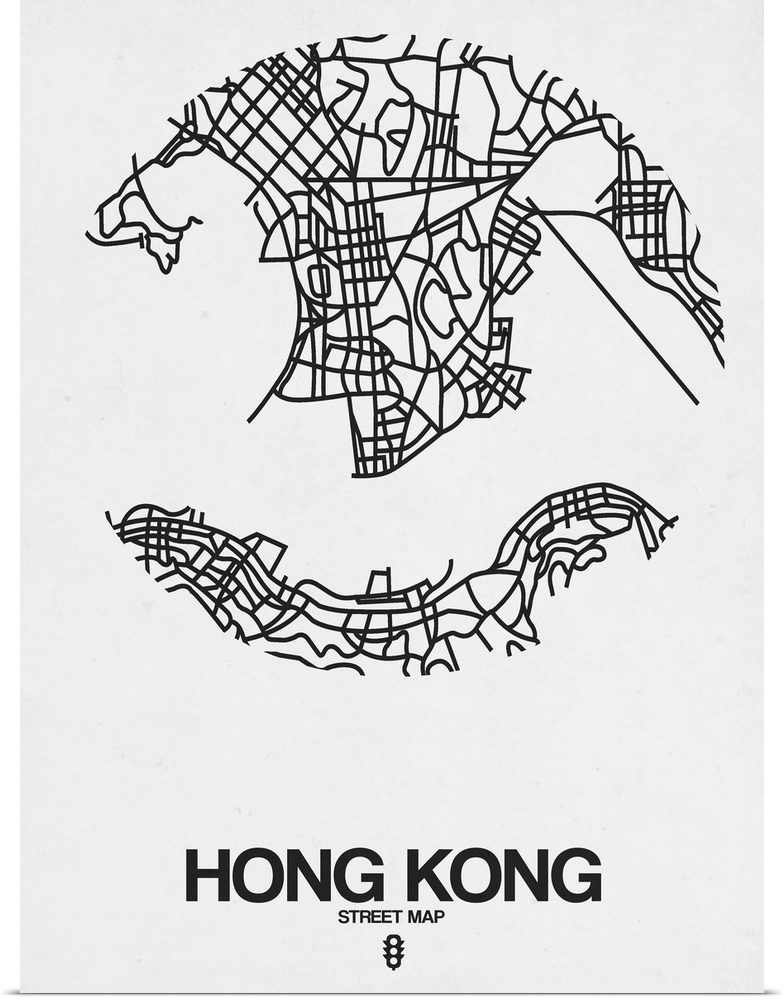 Minimalist art map of the city streets of Hong Kong in white and black.