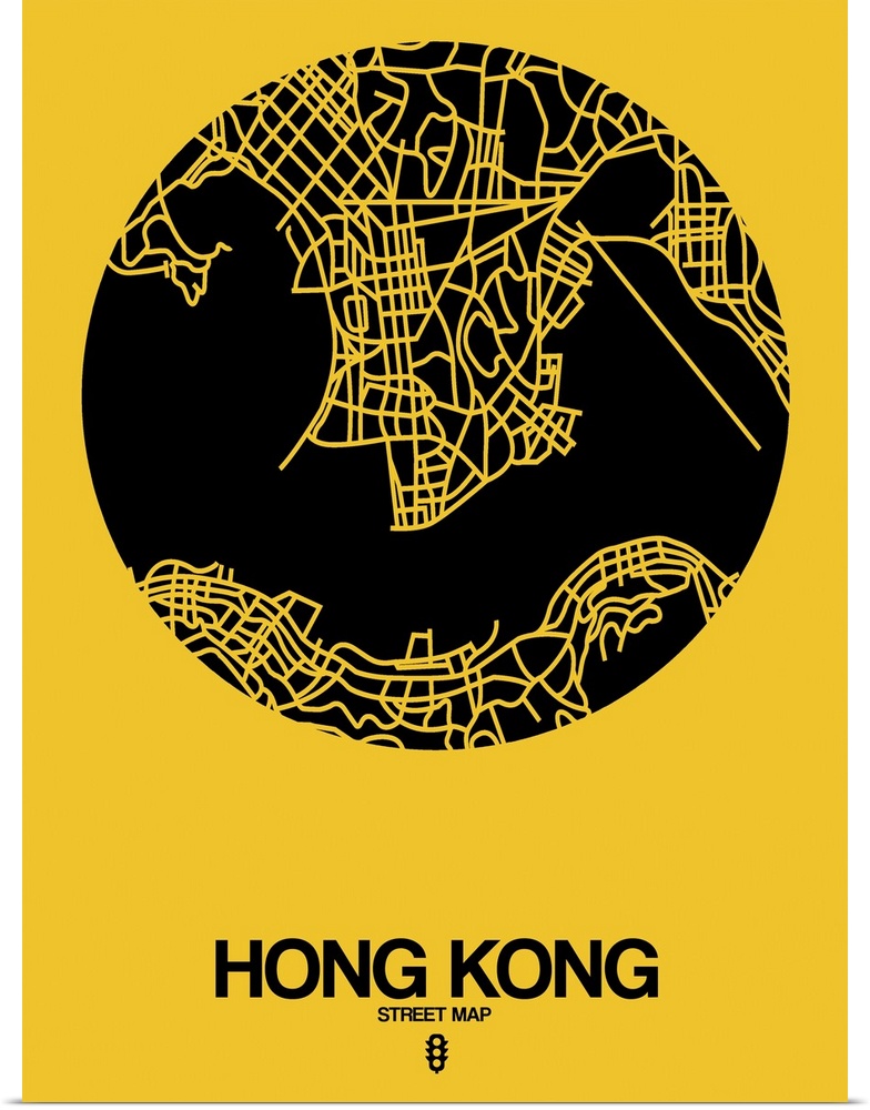 Minimalist art map of the city streets of Hong Kong in yellow and black.