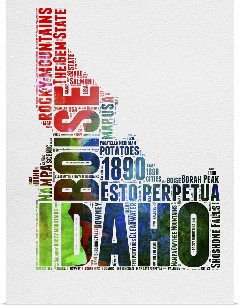 Watercolor typography art map of the US state Idaho.