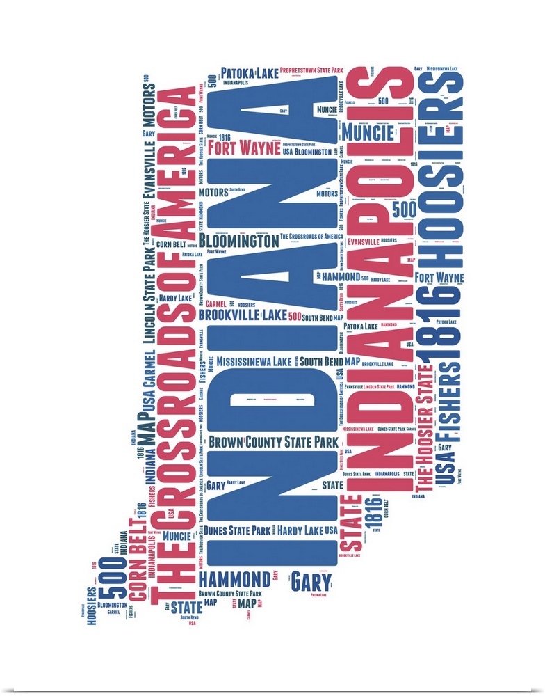 Typography art map of the US state Indiana.