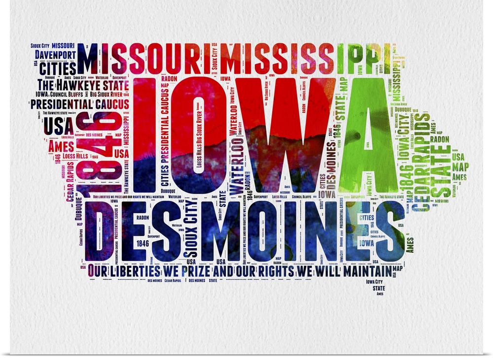 Watercolor typography art map of the US state Iowa.