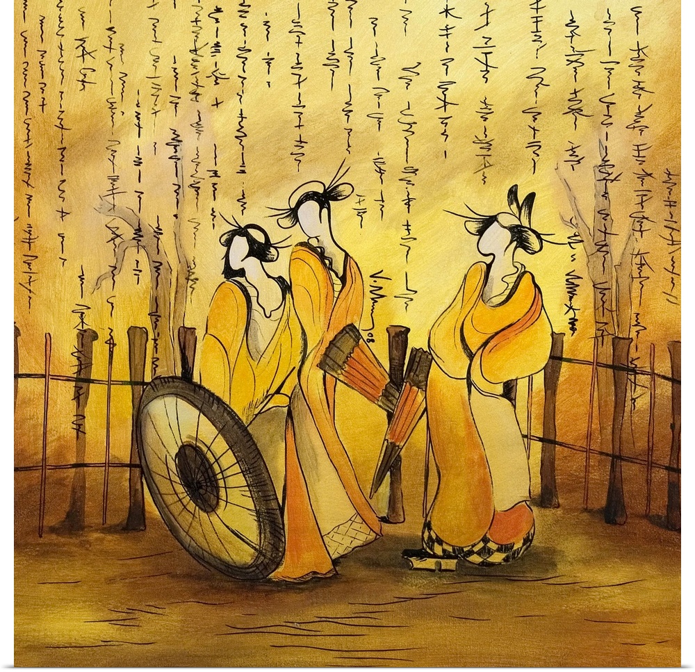Square photo on canvas of three stylized women drawn on canvas with Japanese writing at the top.