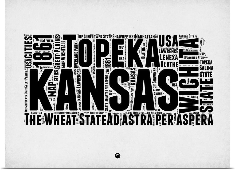 Typography art map of the US state Kansas.