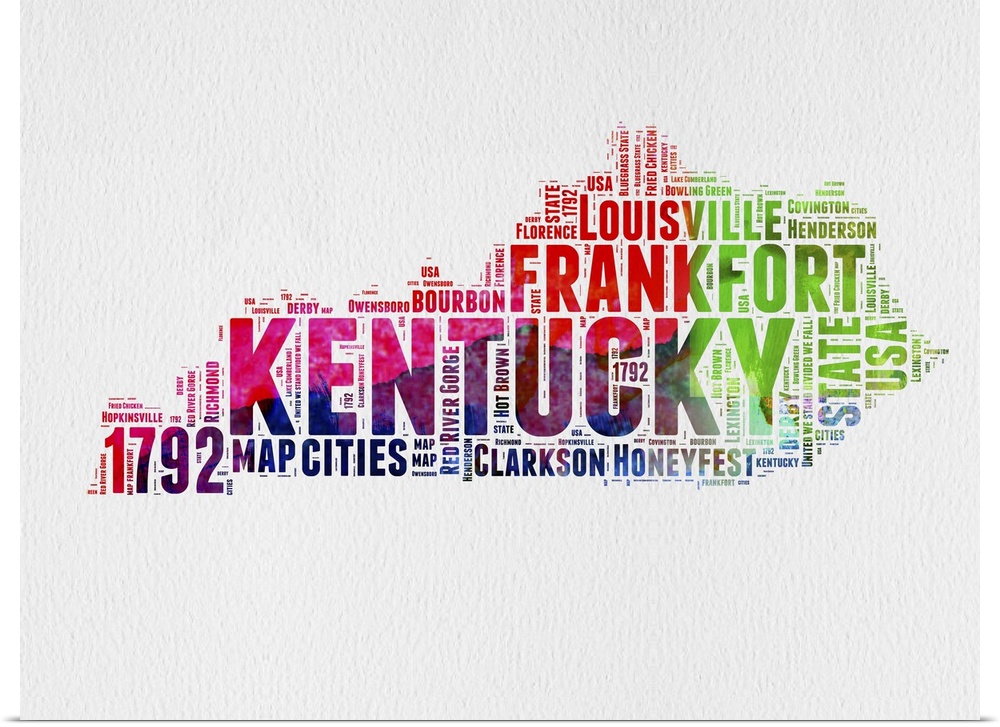 Watercolor typography art map of the US state Kentucky.
