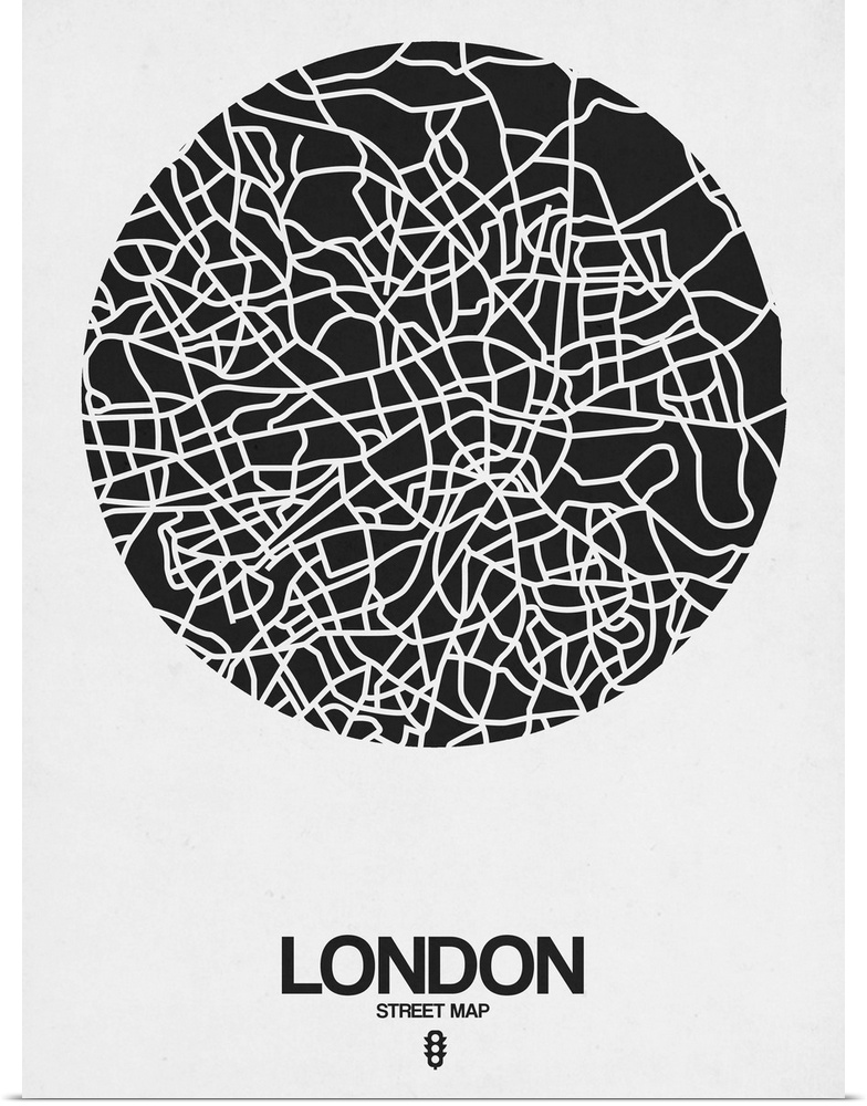Minimalist art map of the city streets of London in white and black.