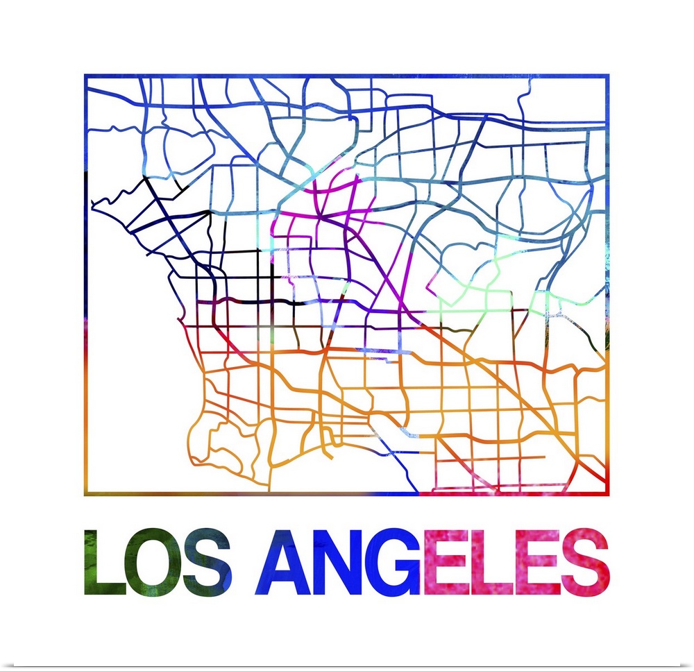 Colorful map of the streets of Los Angeles, California.