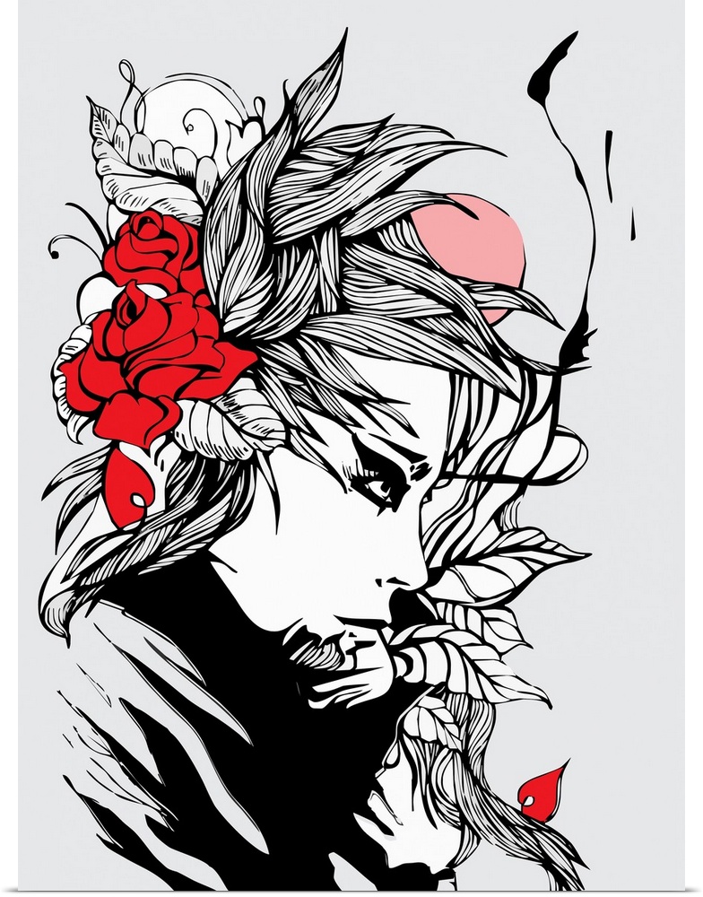 Contemporary illustration art of a woman's portrait in profile with flowers in her hair.