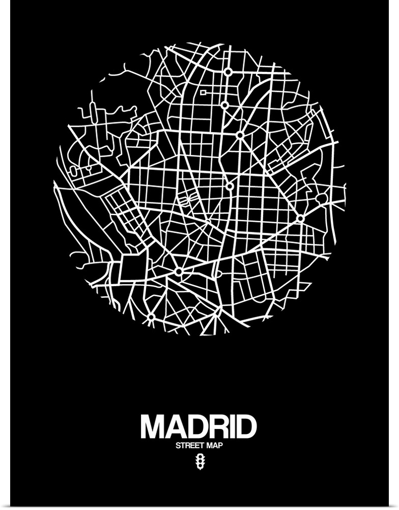 Minimalist art map of the city streets of Madrid in black and white.