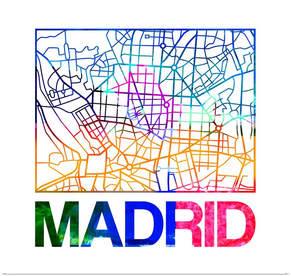 Colorful map of the streets of Madrid, Spain.