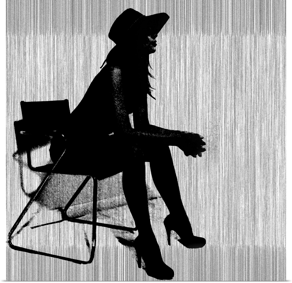 Contemporary artwork of a silhouette of a woman wearing hills and a hat leaning forward in a chair with a vertical striped...