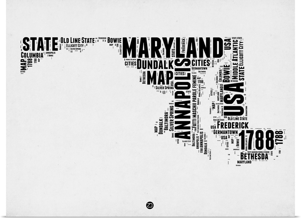Black and white art map of the US state Maryland.