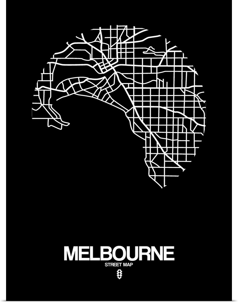Minimalist art map of the city streets of Melbourne in black and white.