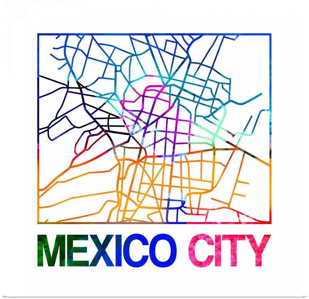 Colorful map of the streets of Mexico City, Mexico.