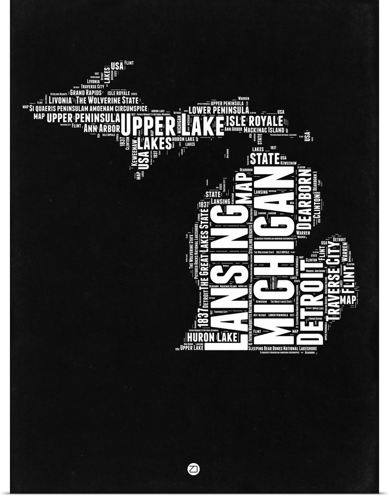 Typography art map of the US state Michigan.