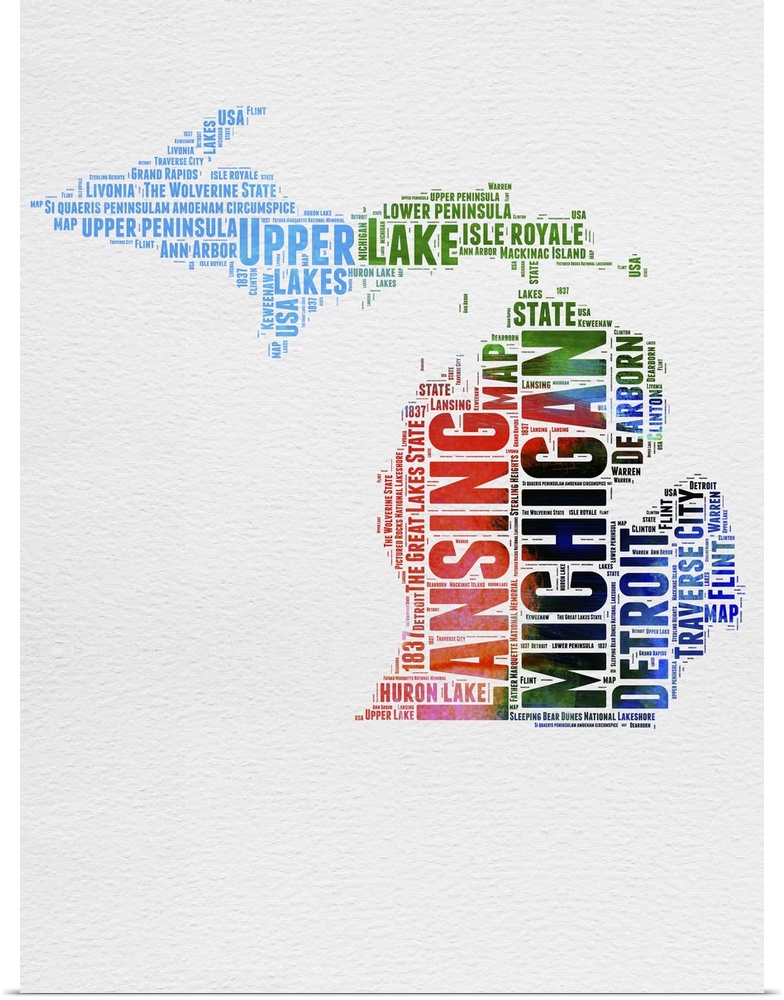 Watercolor typography art map of the US state Michigan.