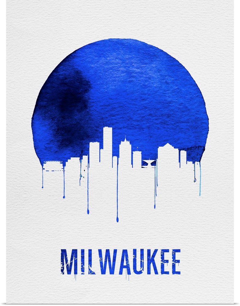 Contemporary watercolor artwork of the Milwaukee city skyline, in silhouette.