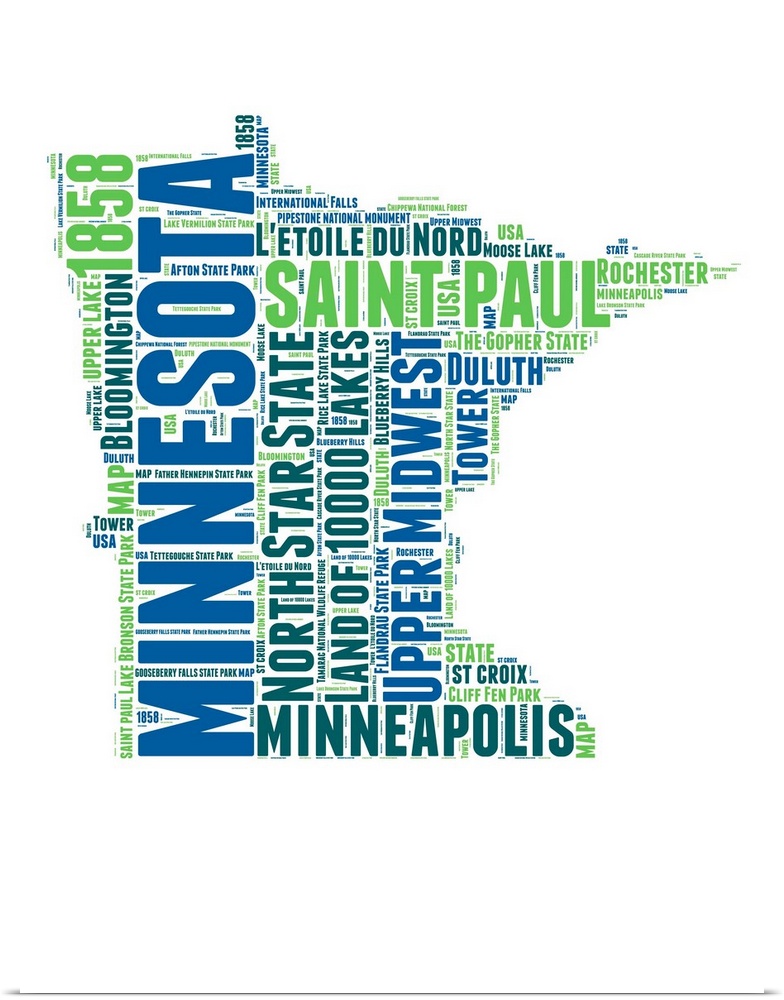Typography art map of the US state Minnesota.