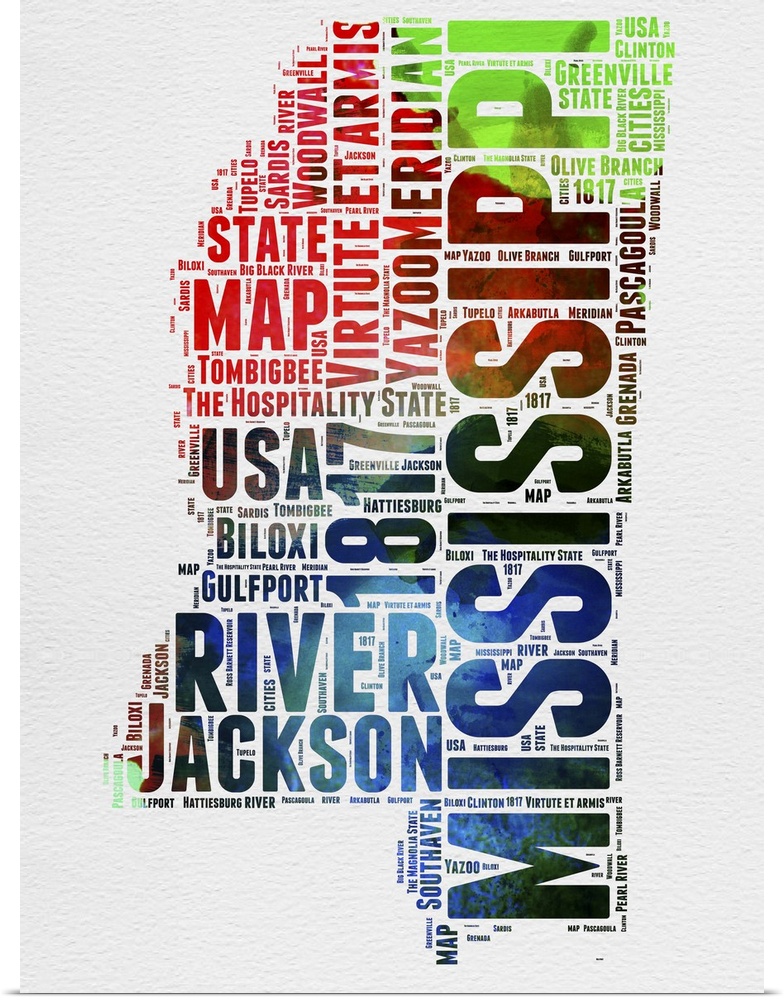 Watercolor typography art map of the US state Mississippi.