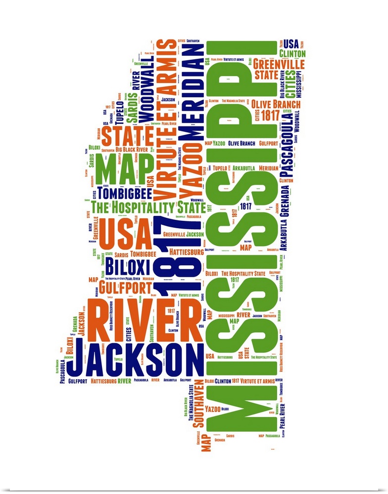 Typography art map of the US state Mississippi.