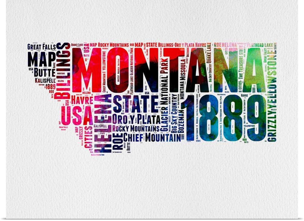 Watercolor typography art map of the US state Montana.