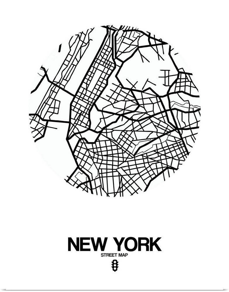 Minimalist art map of the city streets of New York City in white and black.