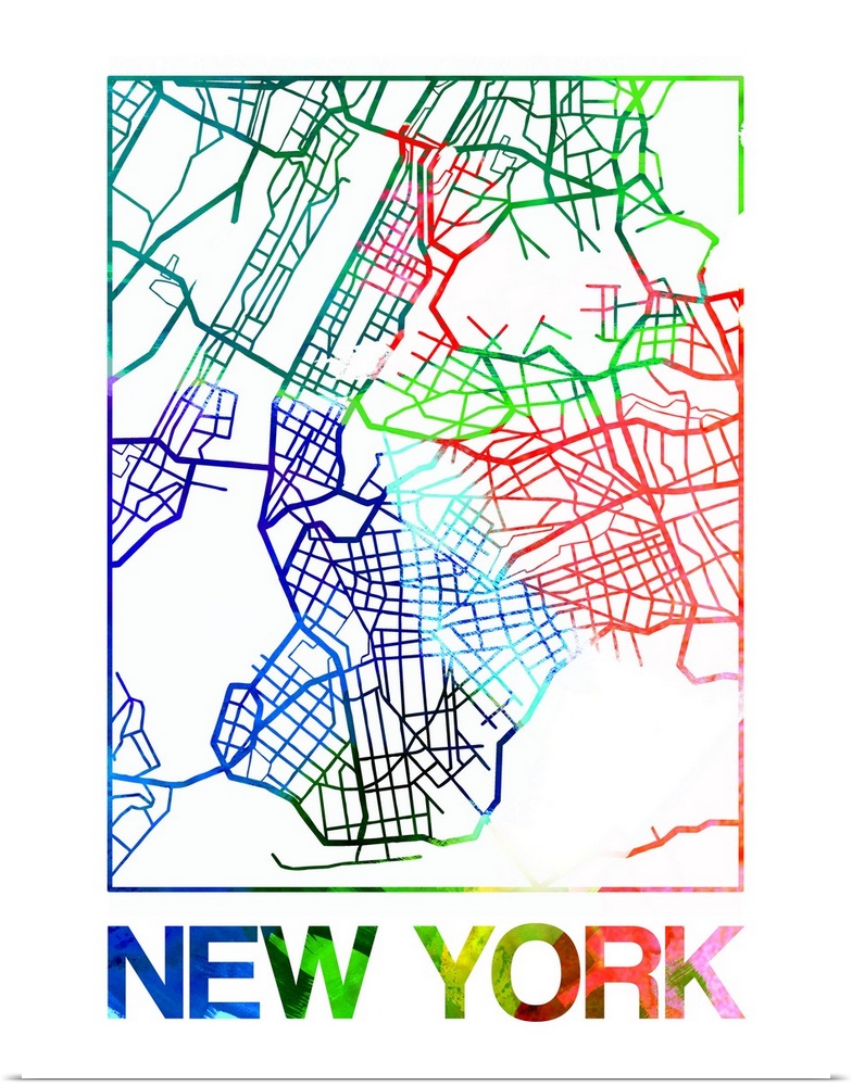 Colorful map of the streets of New York City, New York.