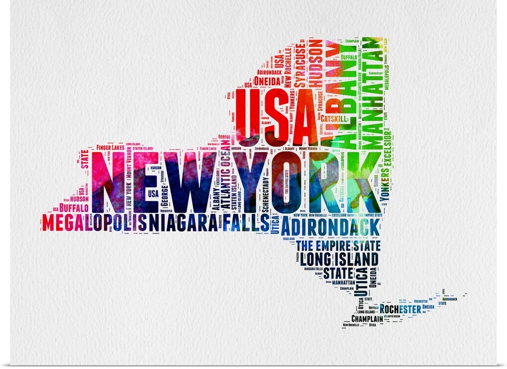 Watercolor typography art map of the US state New York.