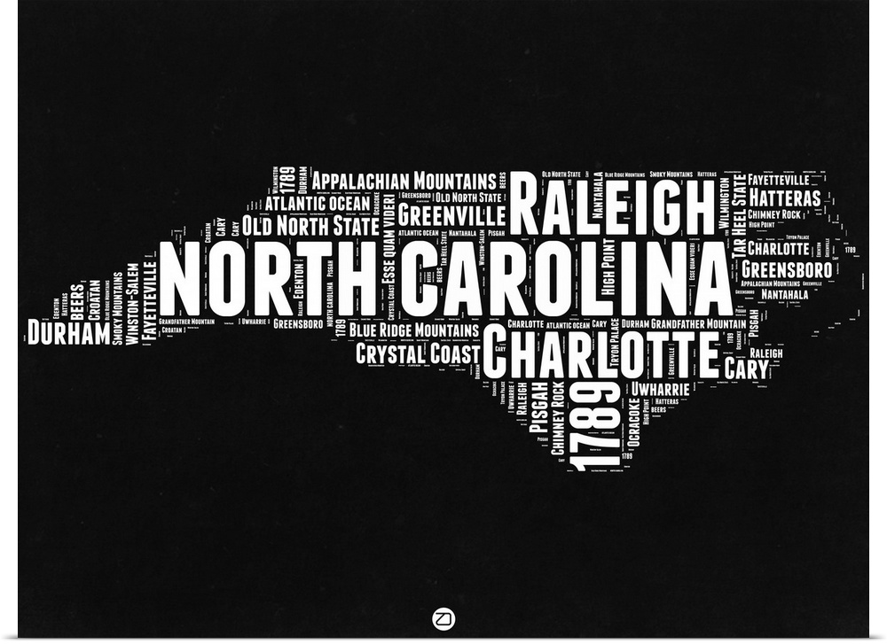 Typography art map of the US state North Carolina.